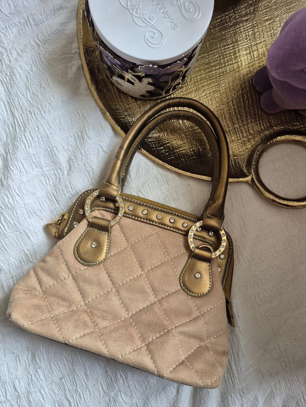 Kathy Van Zeeland Rhinestone Gold Taupe Mini Shoulder Bag